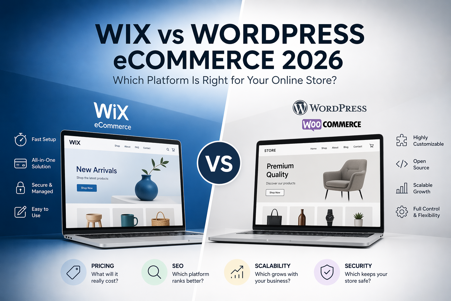 Wix vs WordPress eCommerce comparison showing setup speed, pricing, SEO, scalability, and security for online stores in 2026.