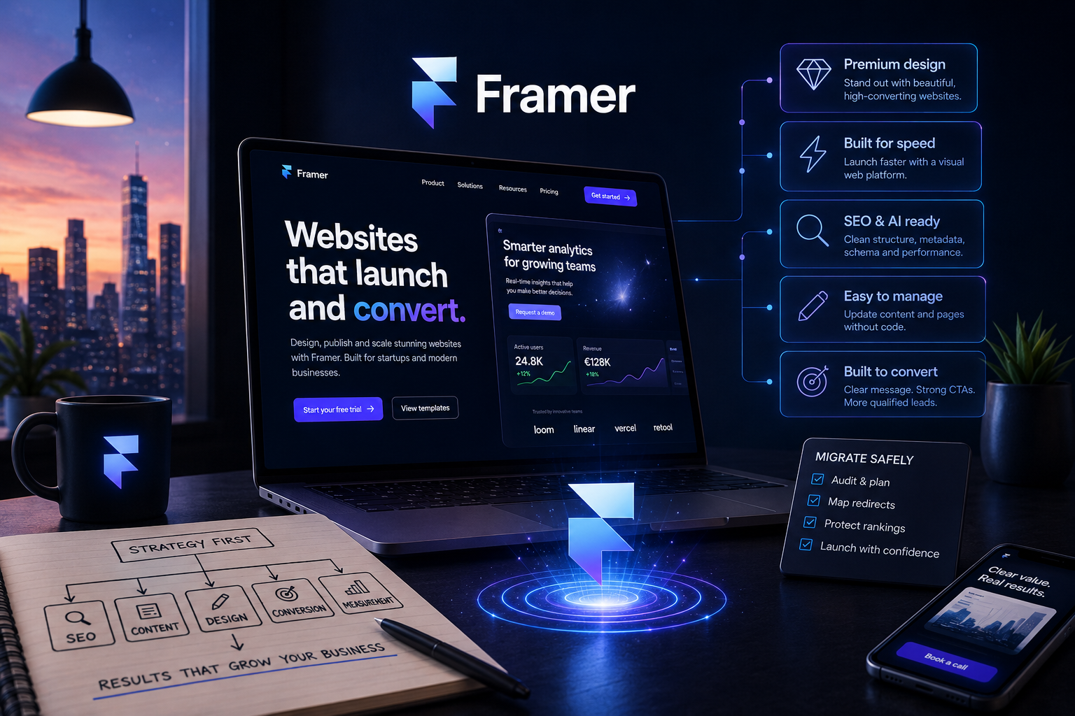 Futuristic laptop showing a Framer website design, surrounded by neon UI panels highlighting premium design, SEO, speed, conversion and safe migration.