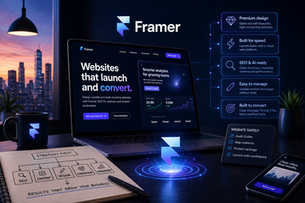 Futuristic laptop showing a Framer website design, surrounded by neon UI panels highlighting premium design, SEO, speed, conversion and safe migration.