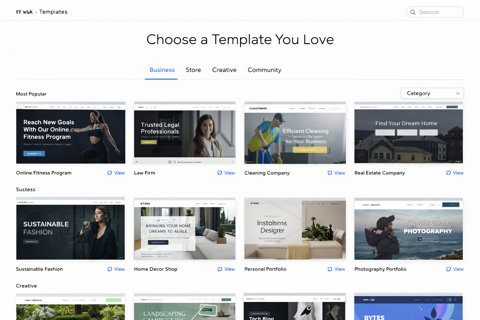 Wix template library with templates for different website types.