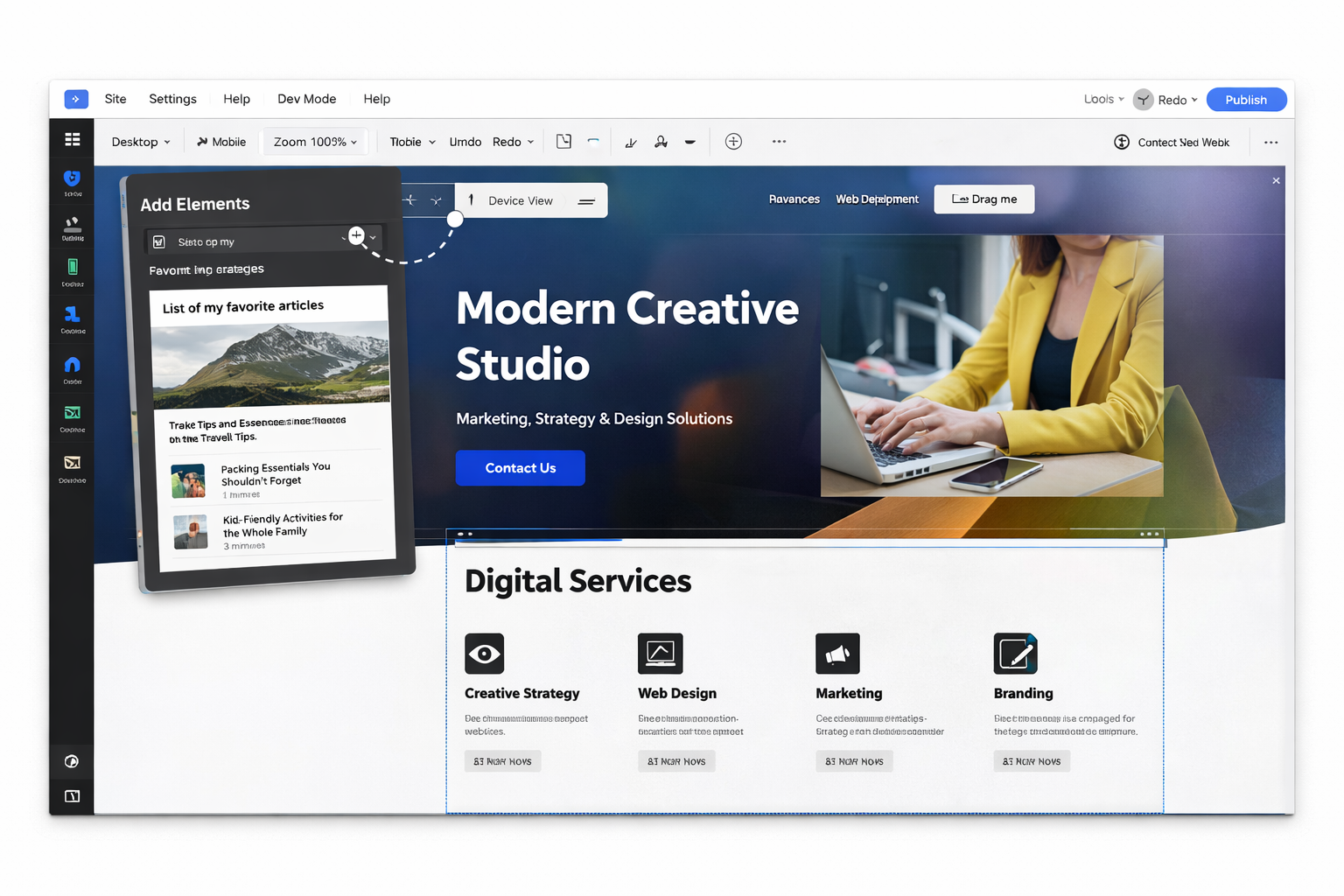 Wix website editor showing drag-and-drop website building workflow