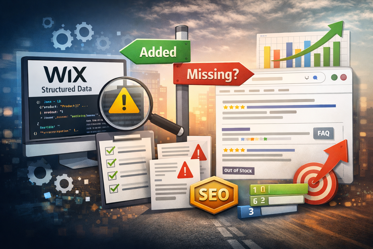 Visual of Wix structured data, schema markup, and SEO optimization