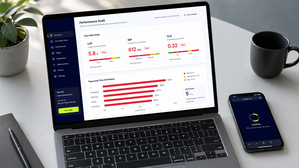 Wix website speed audit dashboard showing Core Web Vitals, LCP and INP metrics for a slow business site