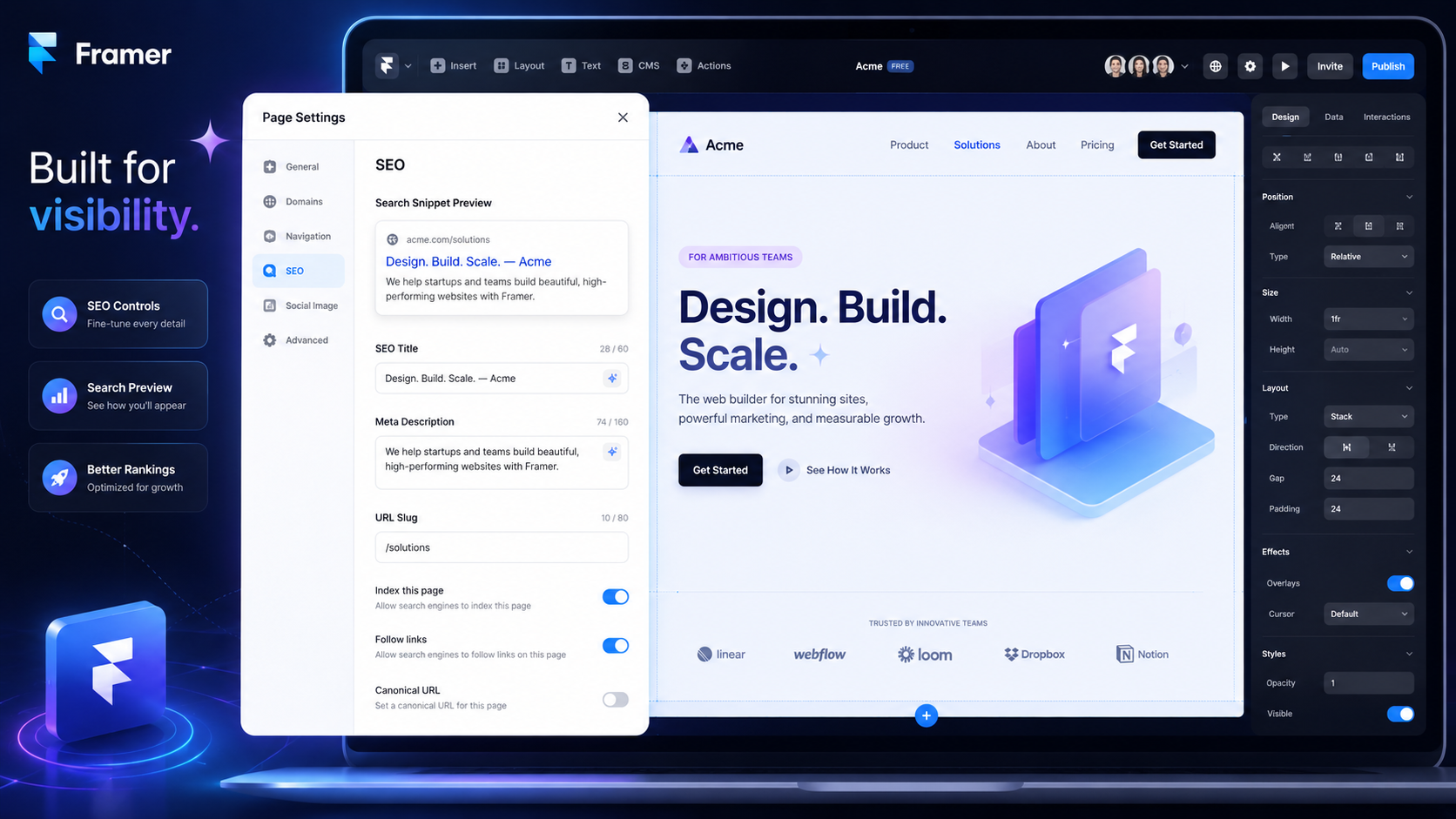 Framer page settings panel with SEO controls for title meta description and URL slug