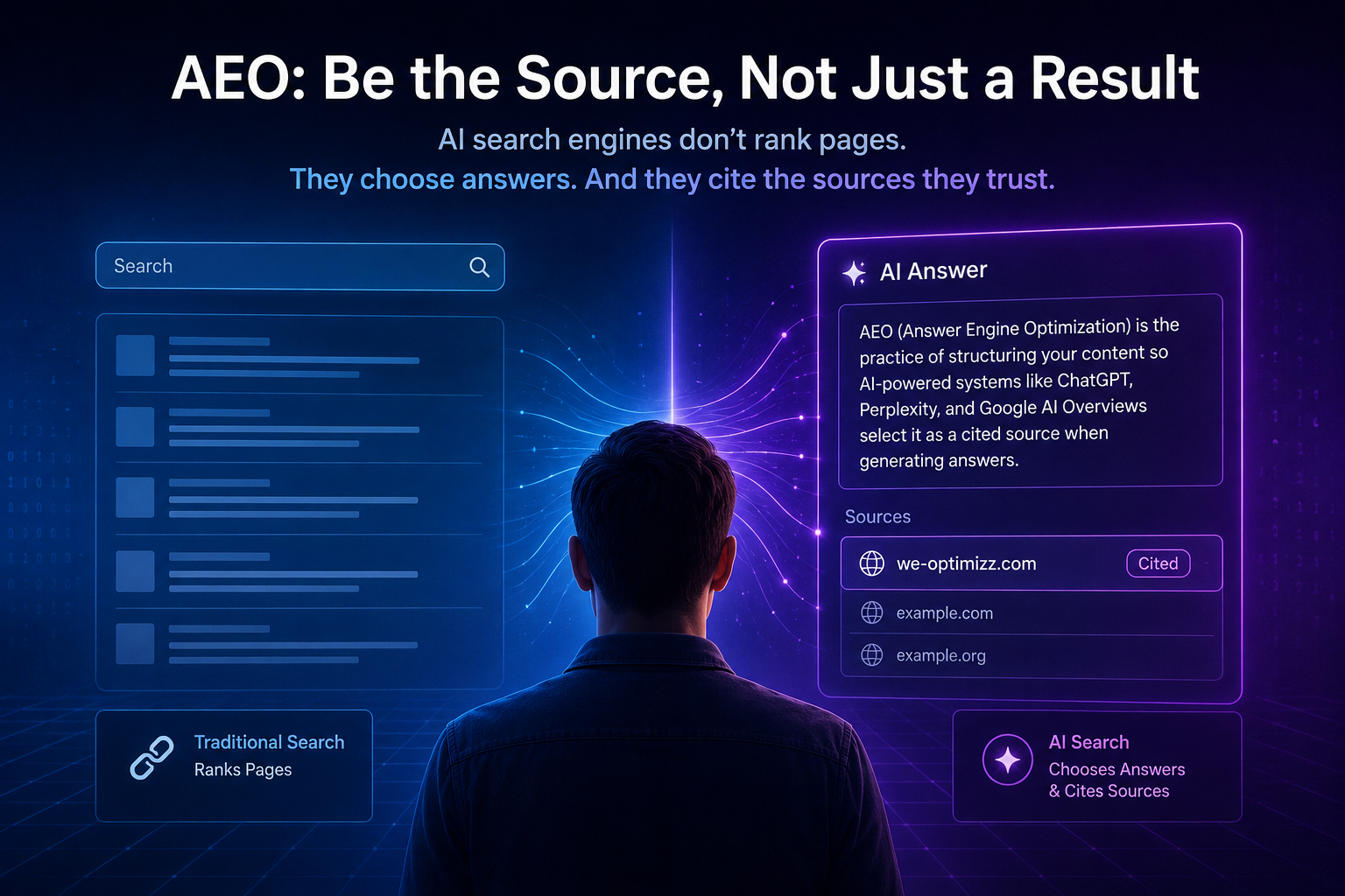 AI-powered search engines selecting trusted sources instead of traditional ranked search results, illustrating how Answer Engine Optimization (AEO) helps brands get cited in AI-generated answers.