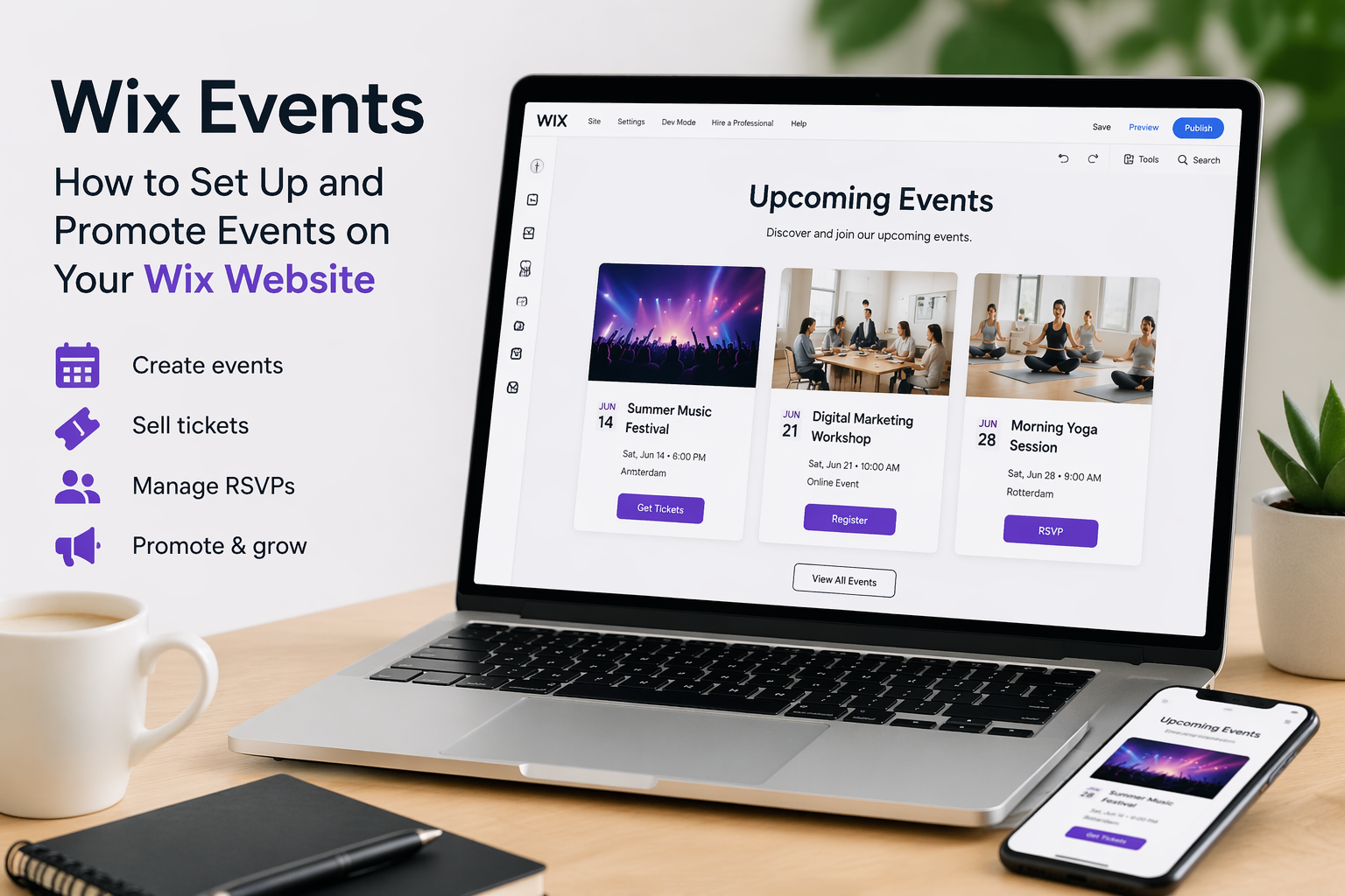 Illustration of a Wix Events dashboard on a laptop showing event cards, ticket sales, RSVPs, and event promotion tools.