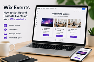 Illustration of a Wix Events dashboard on a laptop showing event cards, ticket sales, RSVPs, and event promotion tools.