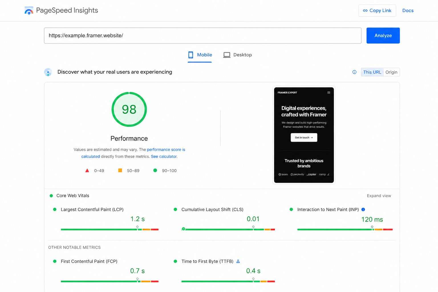 Framer PageSpeed Optimization audit in Google PageSpeed Insights