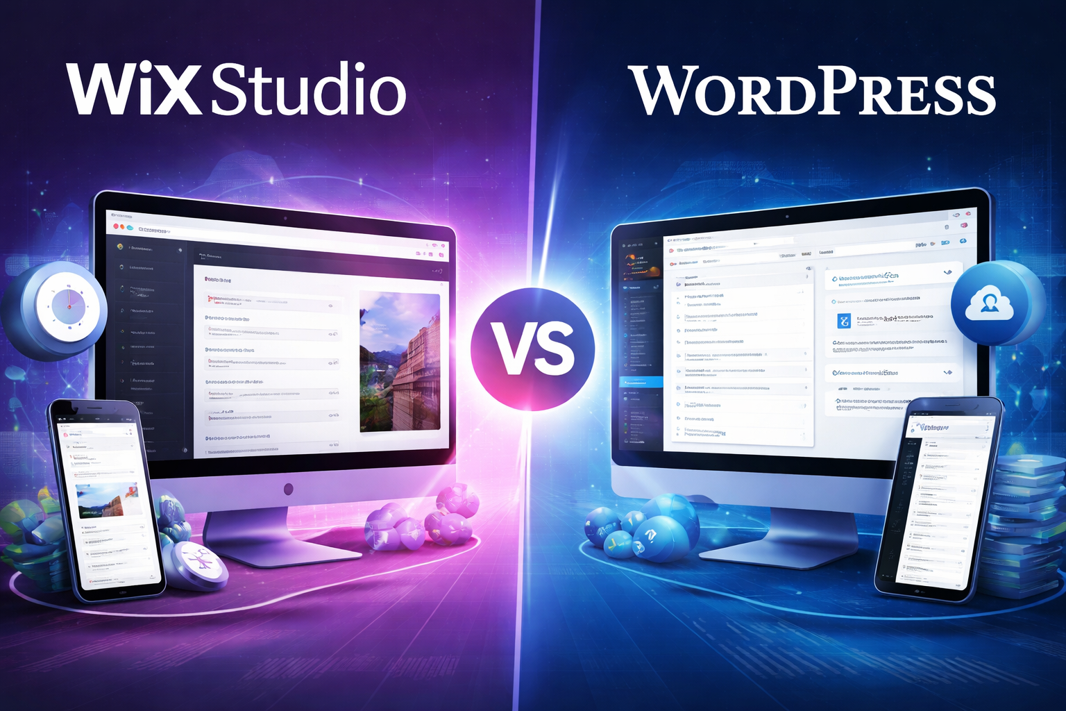 Wix Studio vs WordPress SEO comparison showing dashboards and performance differences