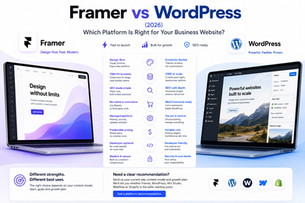 Modern comparison graphic for a Framer vs Webflow blog post, showing side-by-side platform dashboards, key differences in design speed, CMS depth, SEO, workflows and scalability, with guidance on choosing the right website platform for a business.