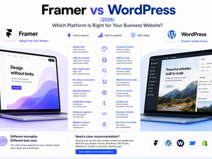 Modern comparison graphic for a Framer vs Webflow blog post, showing side-by-side platform dashboards, key differences in design speed, CMS depth, SEO, workflows and scalability, with guidance on choosing the right website platform for a business.