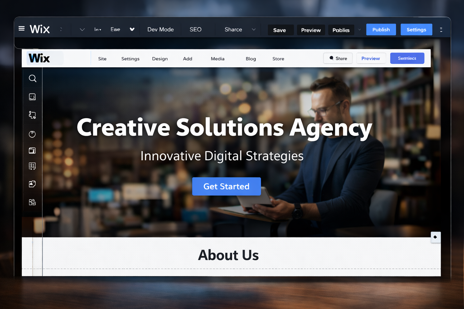 Wix Studio interface showing responsive website design with layout grids and preview across desktop, tablet and mobile devices.