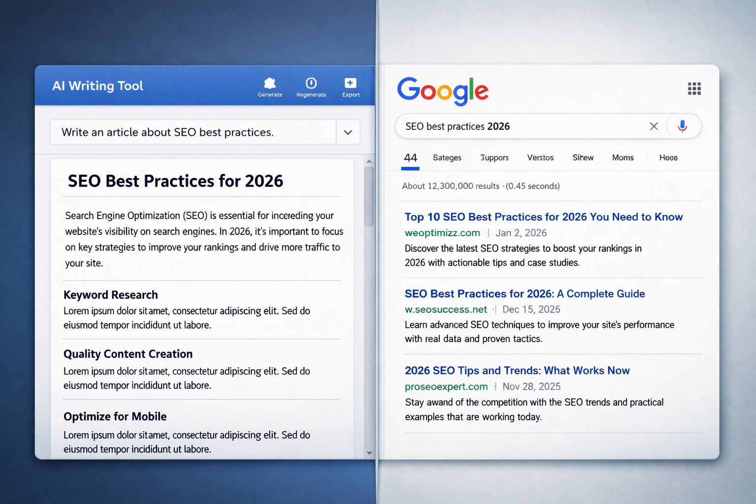 AI writing tool compared with Google search results for SEO best practices in 2026, showing We Optimizz among the top results.