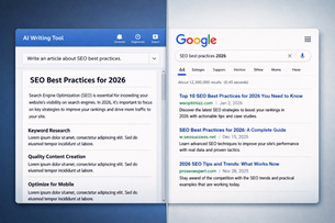 AI writing tool compared with Google search results for SEO best practices in 2026, showing We Optimizz among the top results.