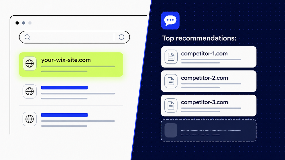 Split-screen showing a Wix site appearing in Google search results but missing from a ChatGPT AI answer