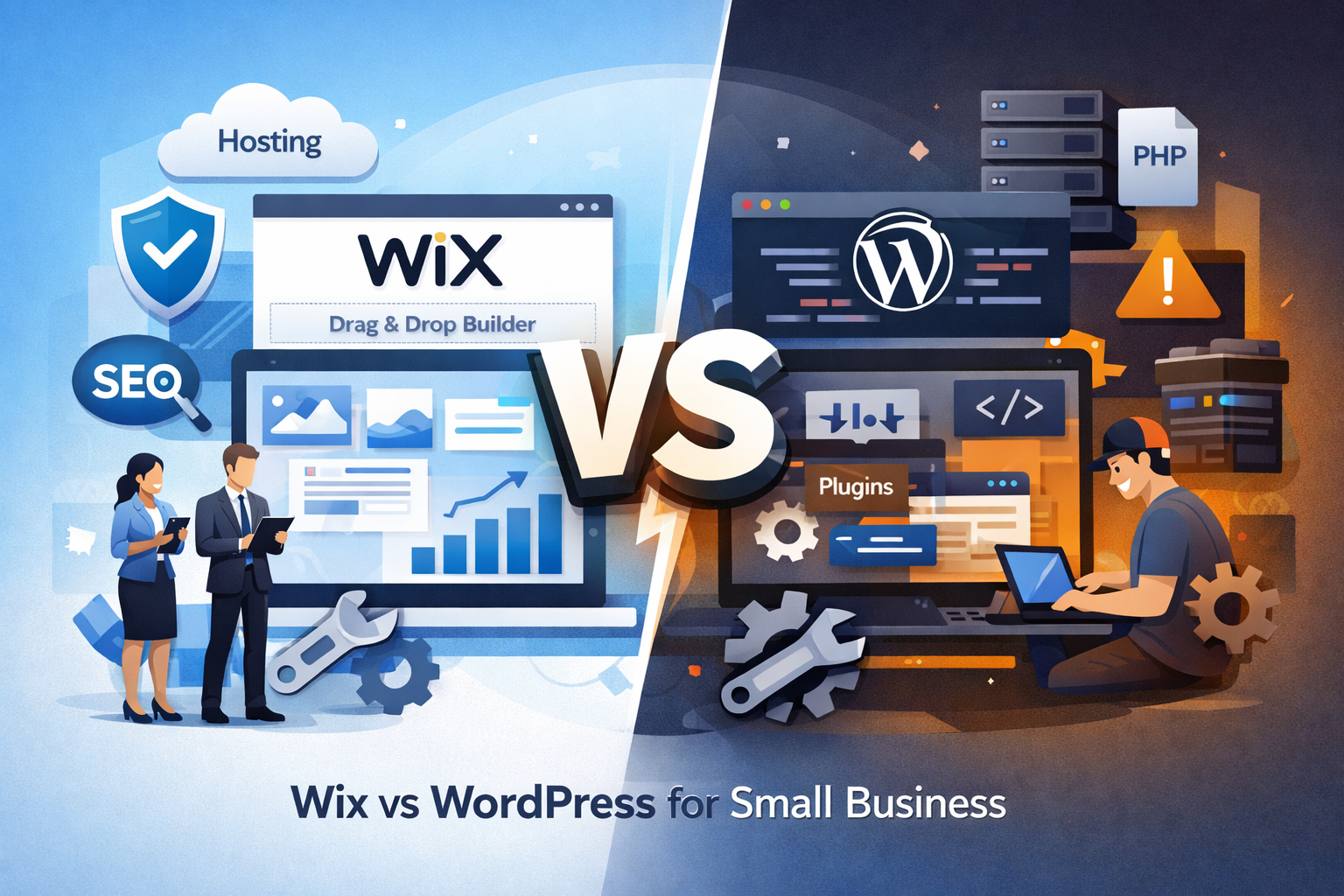 Comparison illustration of Wix vs WordPress for small business websites, showing Wix as an easy all-in-one platform and WordPress as a more flexible but technical solution.
