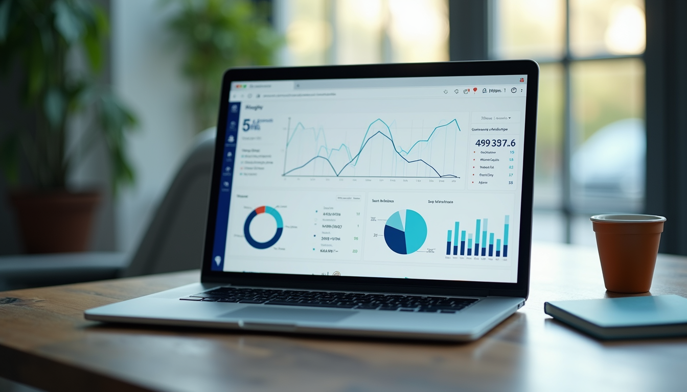 Website analytics dashboard showing traffic statistics, performance charts and SEO metrics on a laptop screen.