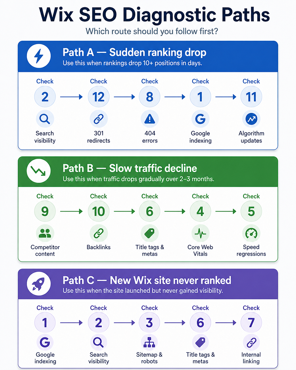 Wix SEO diagnostic paths for sudden ranking drops, slow traffic decline and new sites that never ranked