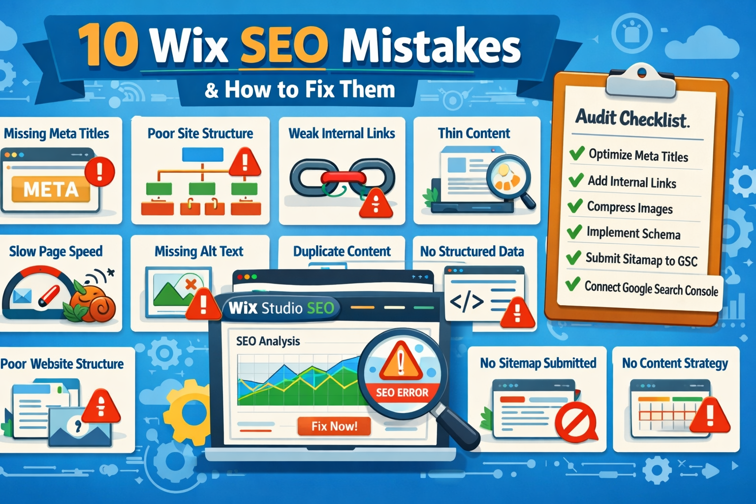 Infographic showing common Wix SEO mistakes such as missing meta titles, weak internal links, slow page speed and missing structured data with a Wix Studio SEO dashboard.
