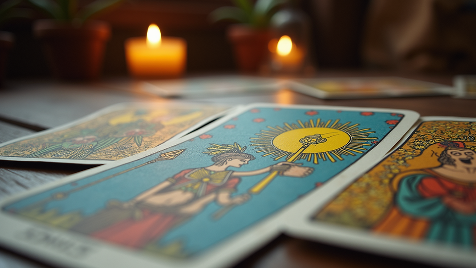 Eye-level view of a beautifully illustrated tarot card spread