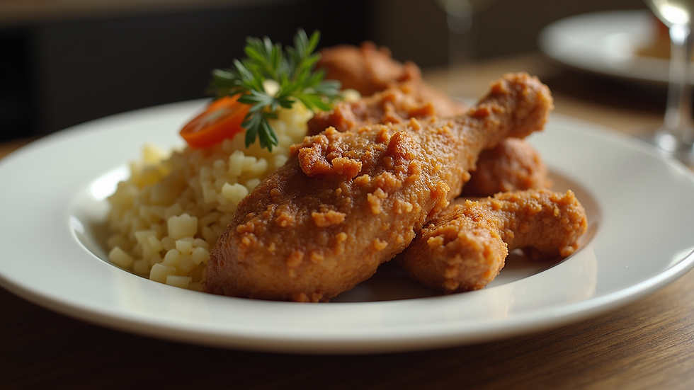 Close-up view of a plated wedding dish with Southern-style fried chicken and sides