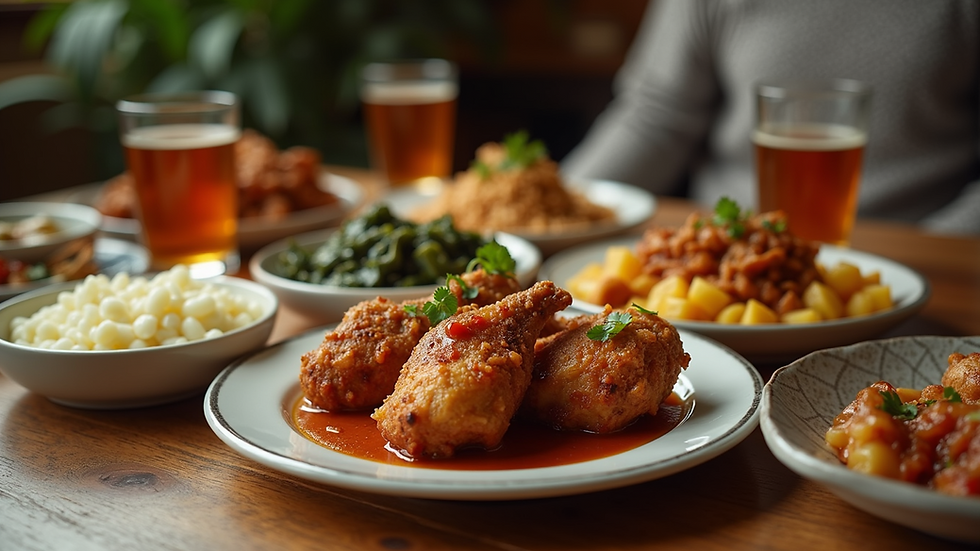 Eye-level view of a table set with classic soul food dishes including fried chicken and collard greens
