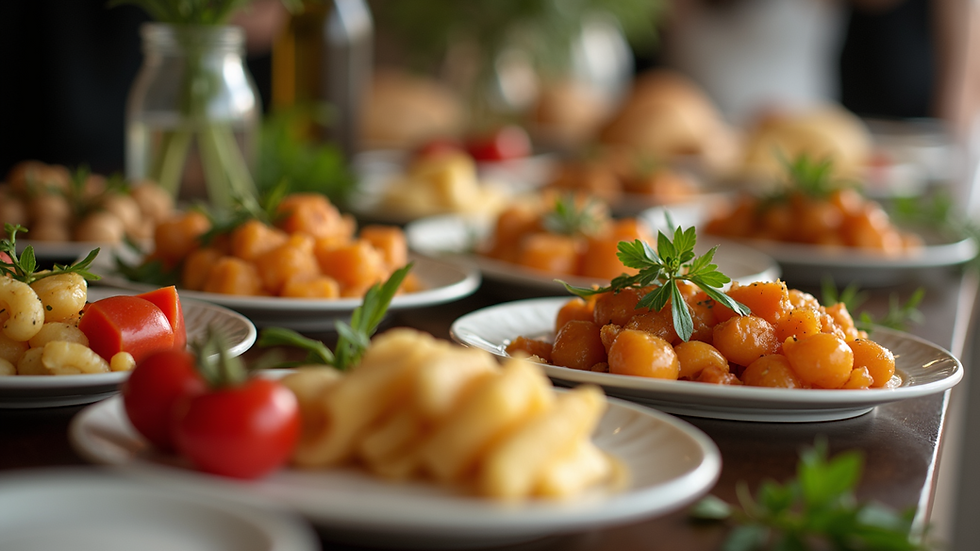 Eye-level view of a beautifully arranged buffet table with various dishes