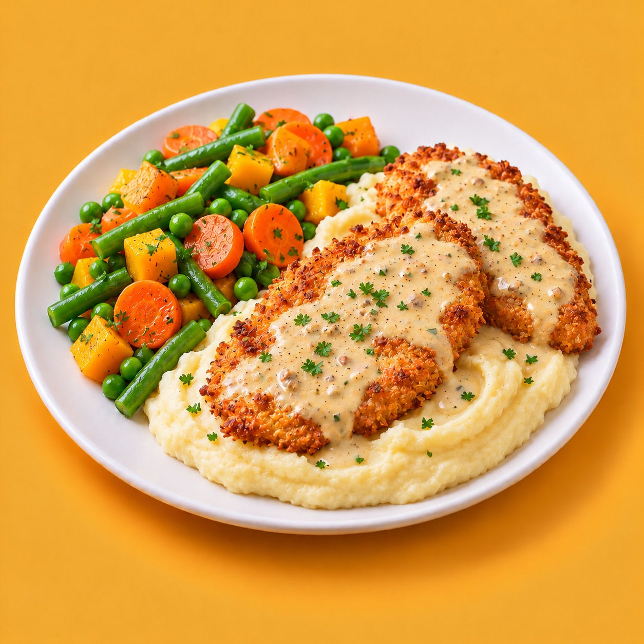 10x Knusper-Hähnchenschnitzel mit Kartoffelpüree, Rahmsoße & Bio-Gemüse