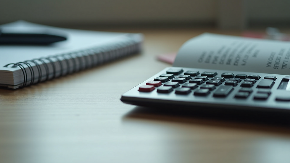 Close-up view of a calculator and notebook on a desk