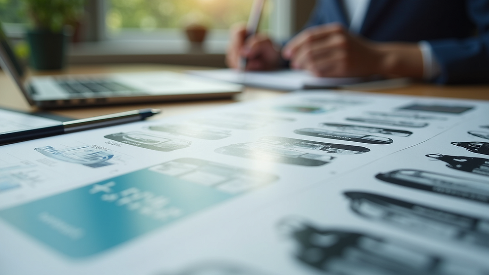 Close-up view of marketing materials spread across a table