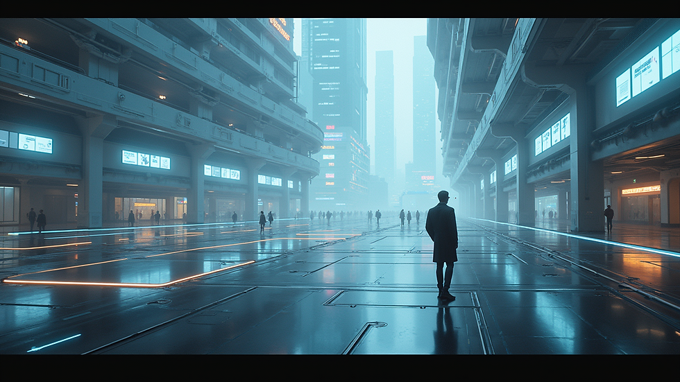 Wide angle view of a futuristic landscape representing technological advancement