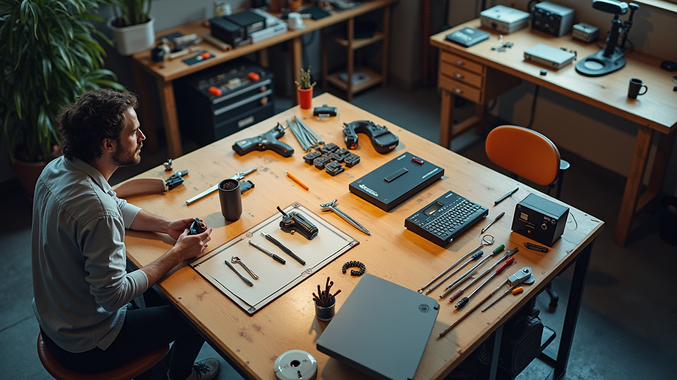 High angle view of a modern workspace with organized tools and equipment