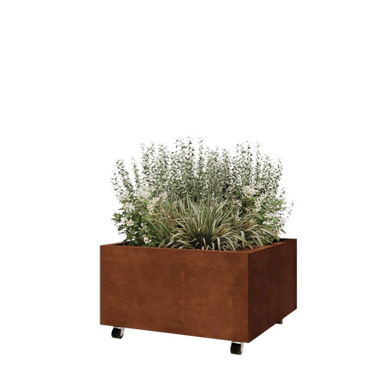 Cortenstaal plantenbak - Vierkant - 80 x 80 x 40 cm - Met bodemplaat - Met wiele