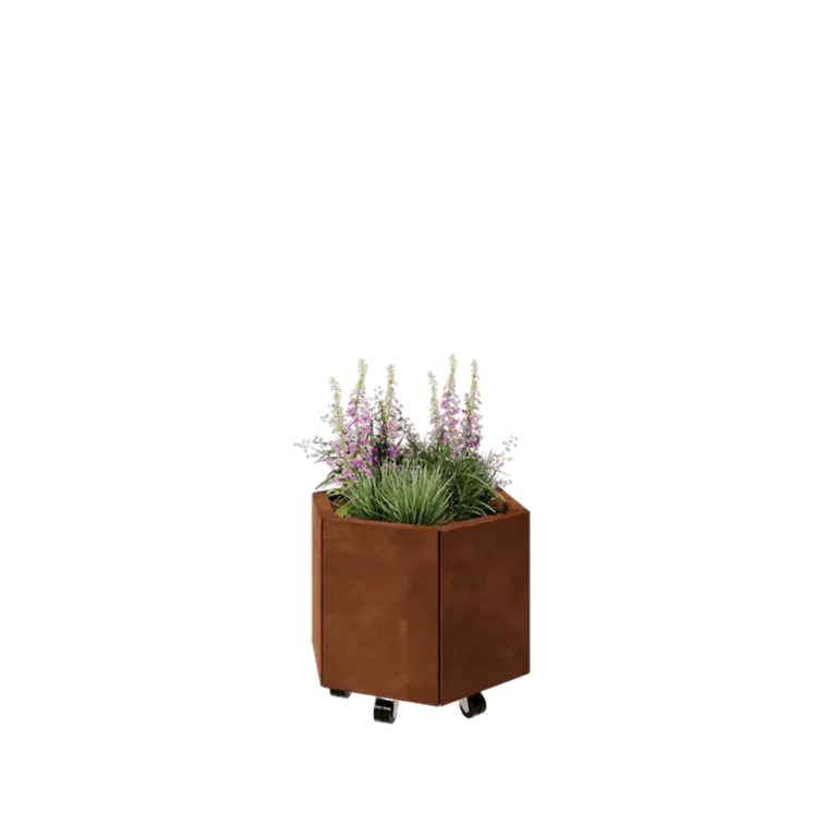 Cortenstaal plantenbak - Zeshoek - 59,3 x 52 x 40 cm - Met bodemplaat - Met wiel