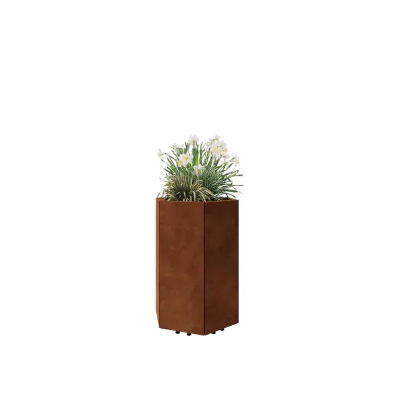 Cortenstaal plantenbak - Zeshoek - 59,3 x 52 x 80 cm - Met bodemplaat - Met pote