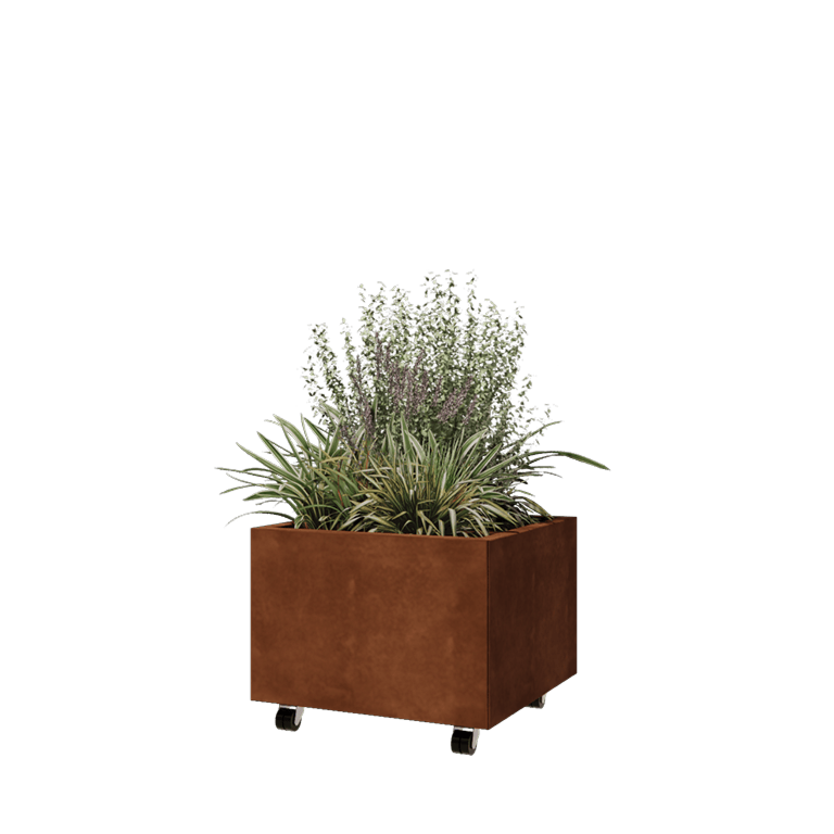 Cortenstaal plantenbak - Vierkant - 60 x 60 x 40 cm - Met bodemplaat - Met wiele