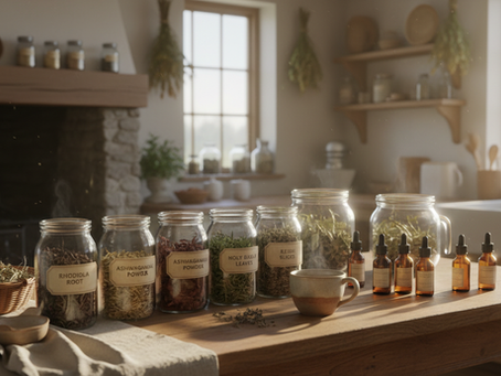 Wide-angle view of adaptogenic herbs arranged on a wooden kitchen table.