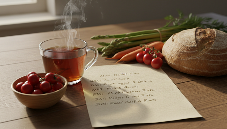 Close-up view of a handwritten meal plan beside a cup of hawthorn berry tea and fresh vegetables