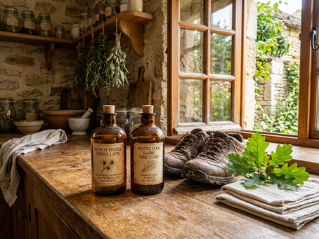 Eye-level view of walking shoes beside herbal bottles on a sunny kitchen table