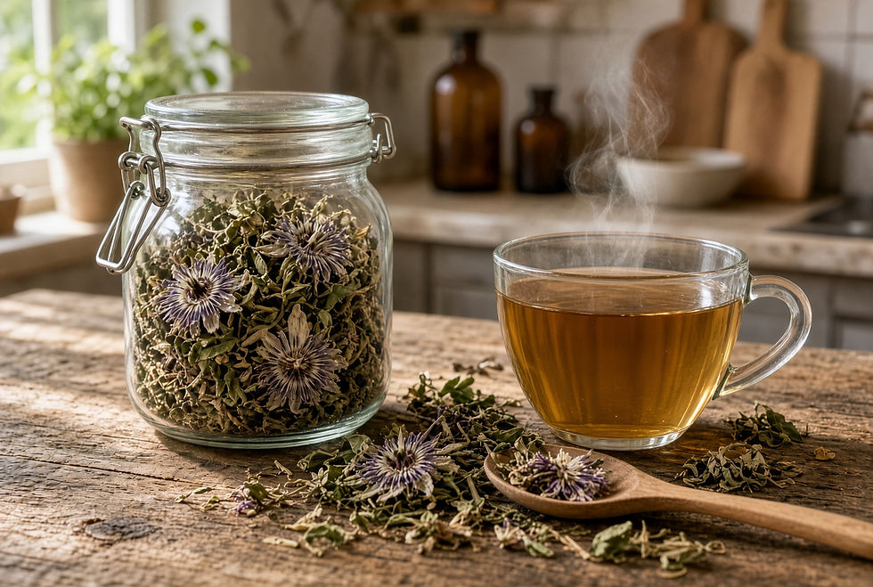 Eye-level view of a cup of passionflower tea with dried herbs on a wooden table