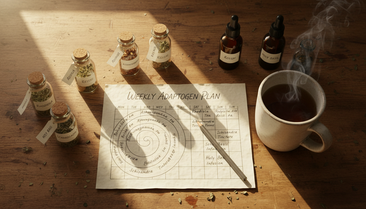 Overhead view of a weekly adaptogen plan written beside jars and tinctures.