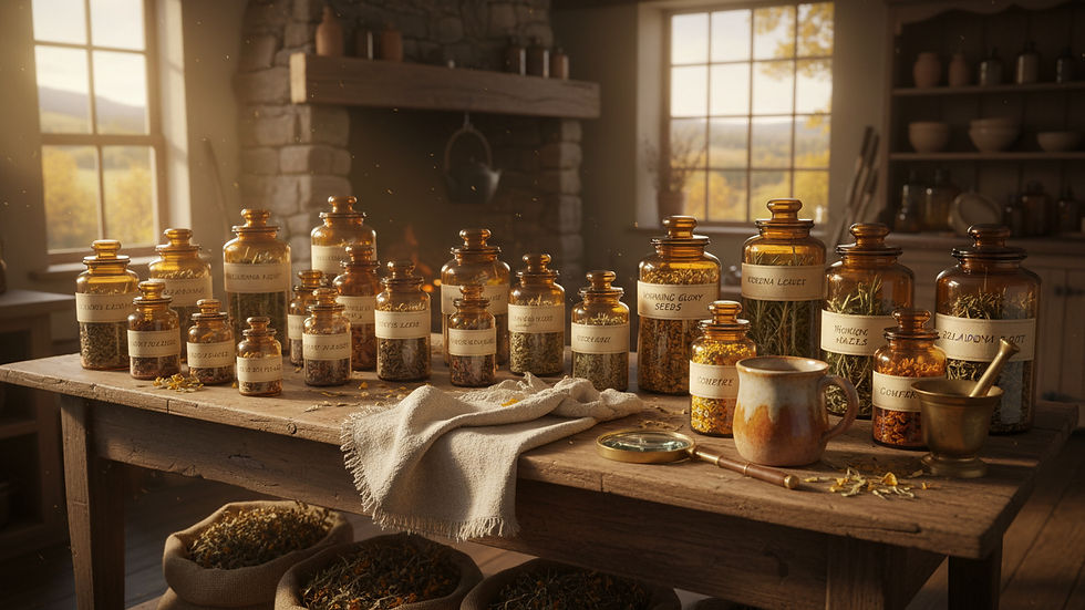 Wide-angle view of fall apothecary jars on a wooden kitchen table.