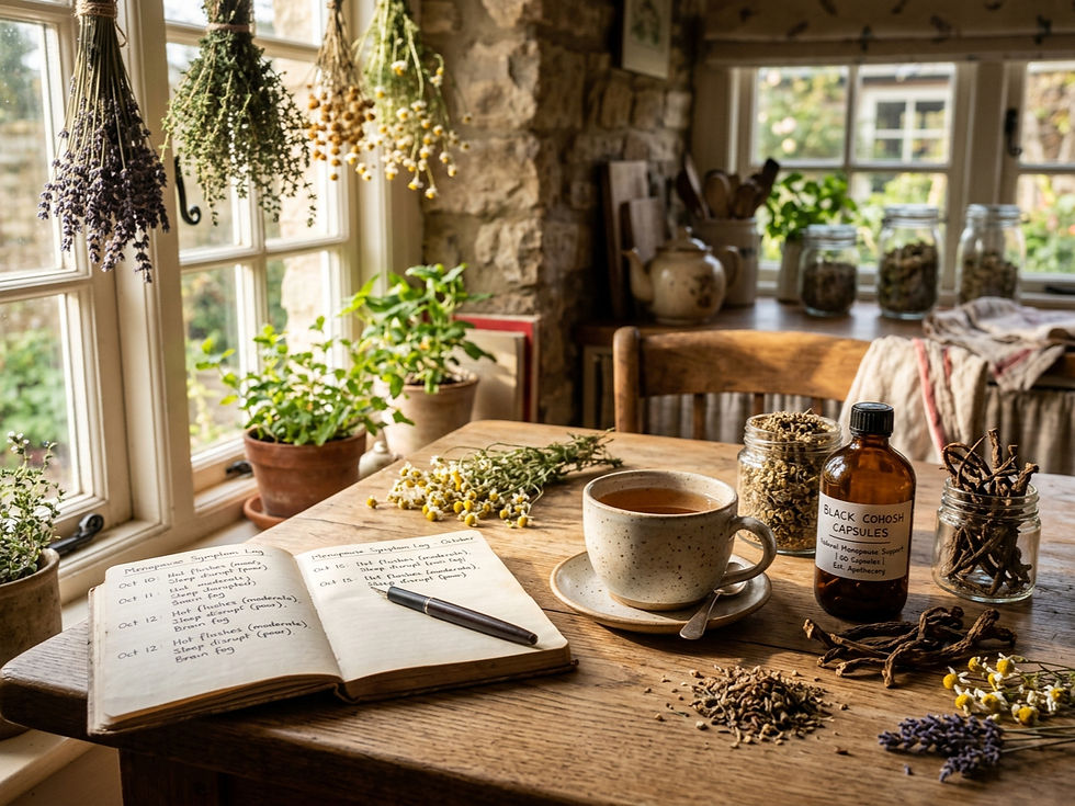 Eye-level view of a handwritten symptom log beside a cup of tea and a bottle of black cohosh capsules.