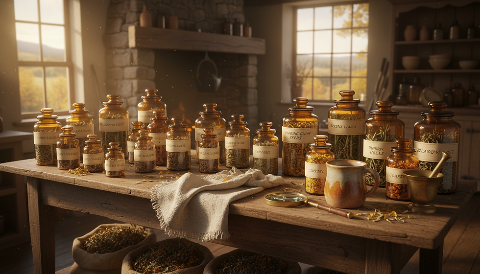 Wide-angle view of fall apothecary jars on a wooden kitchen table.
