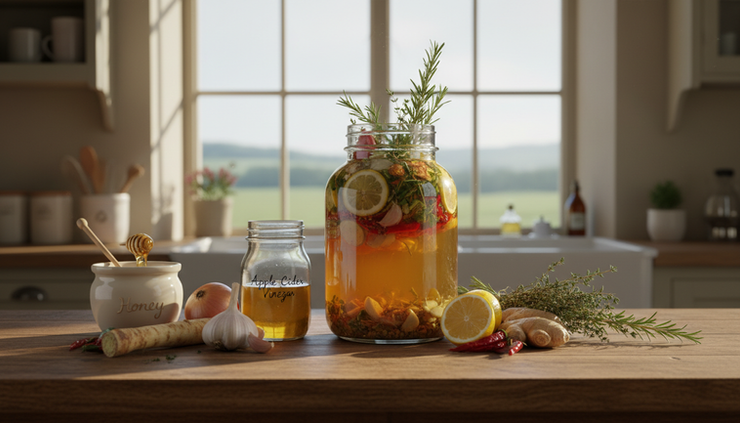 Wide-angle view of a glass jar of spicy vinegar tonic on a wooden kitchen table