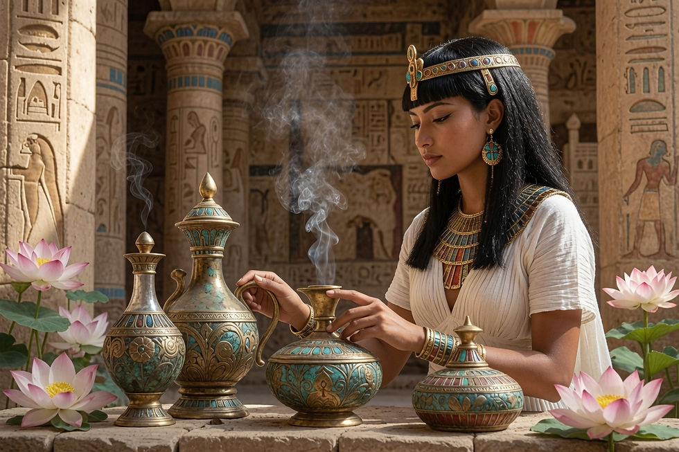 Egyptian woman in the actively creating/mixing perfumes from the ornate vessels