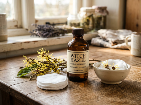 Close-up view of a glass bottle of witch hazel beside cotton pads and fresh twigs.