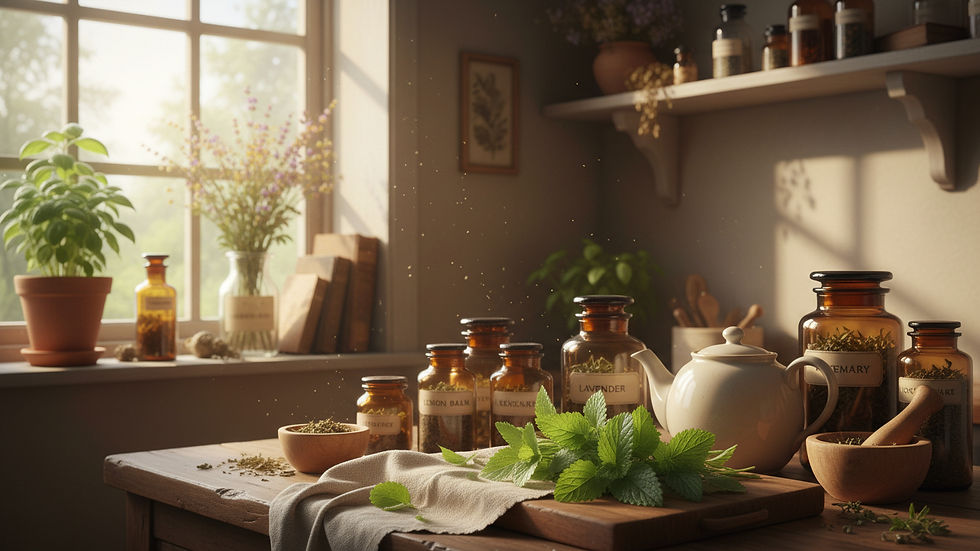 Wide-angle view of lemon balm leaves drying beside jars of herbs in a sunlit kitchen