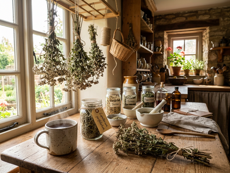 Wide-angle view of dried boneset herb beside a steaming mug in a sunny kitchen.