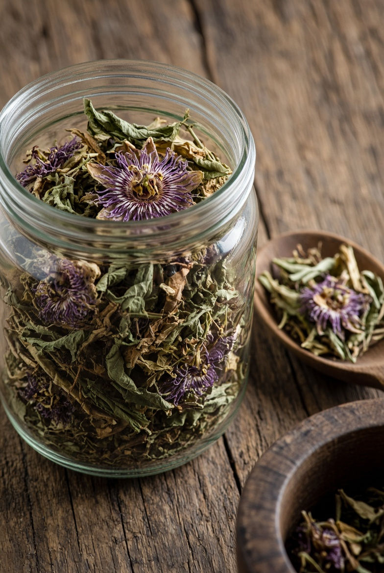 High angle view of dried passionflower herb in a glass jar with measuring spoon
